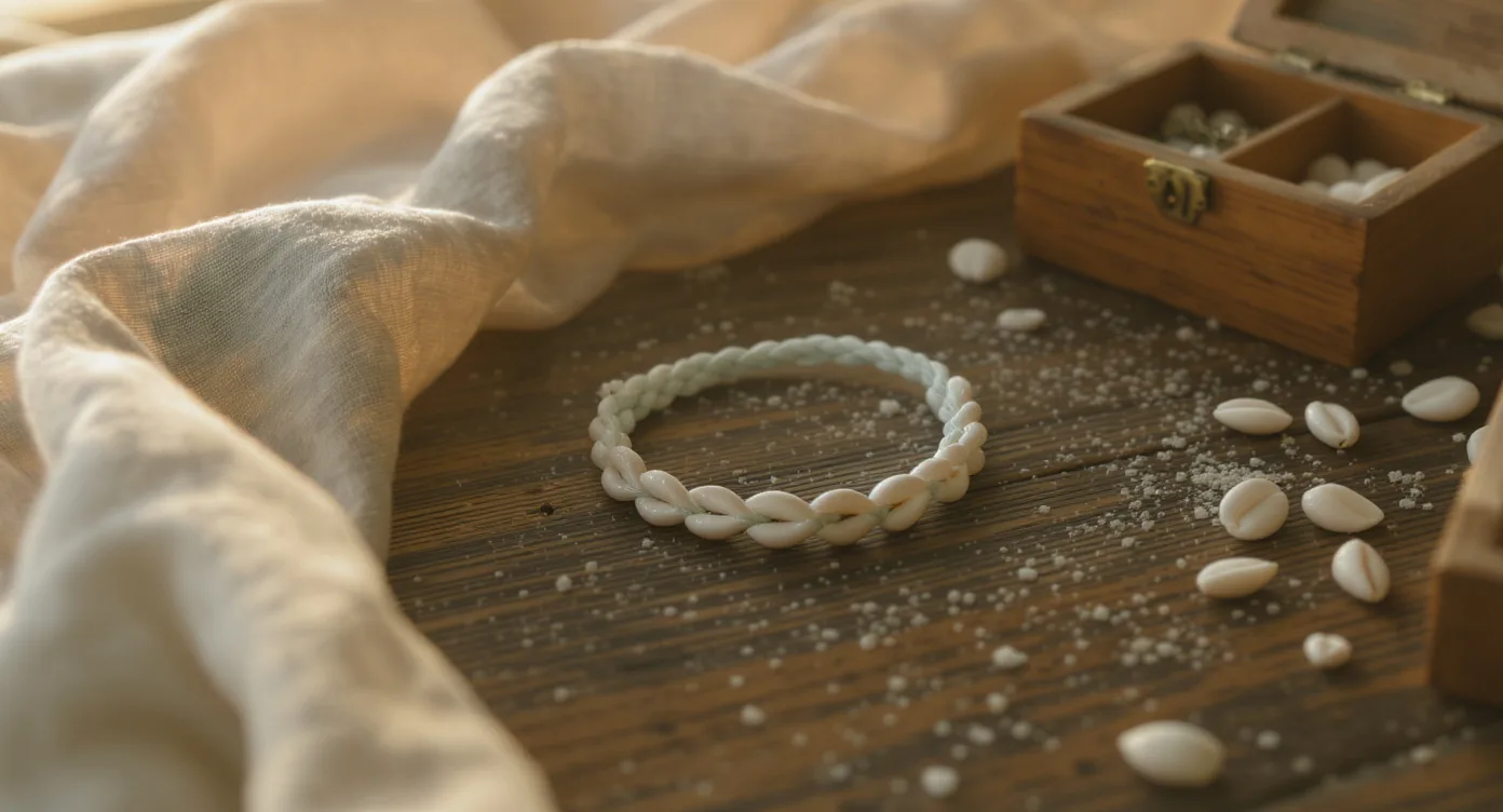 Shell bracelet drying on a wooden surface beside an open compartmented jewelry box