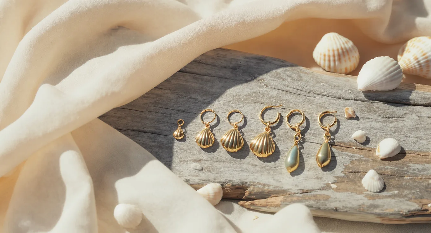 Four styles of gold shell earrings, studs, hoops, drops and statement, displayed on driftwood