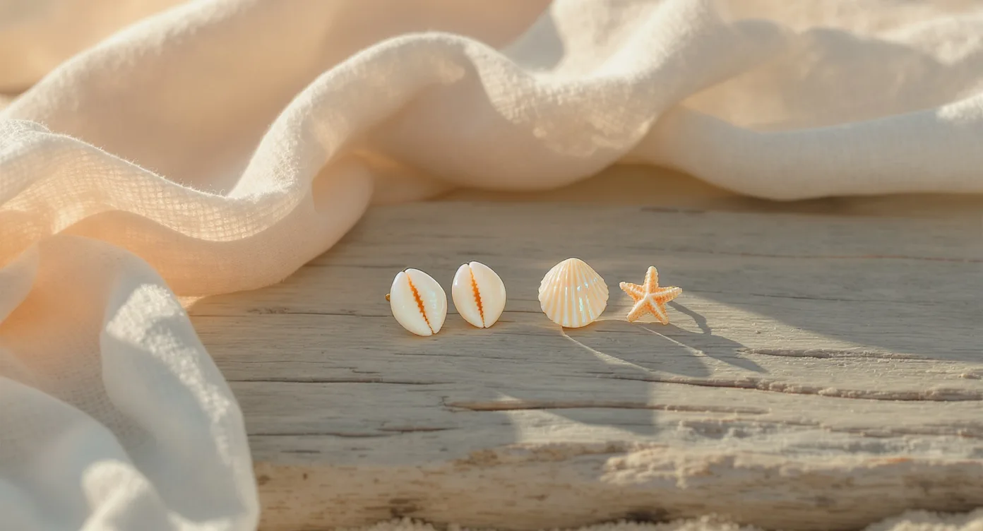 Three delicate shell earring shapes, cowrie, scallop and starfish, displayed on weathered driftwood