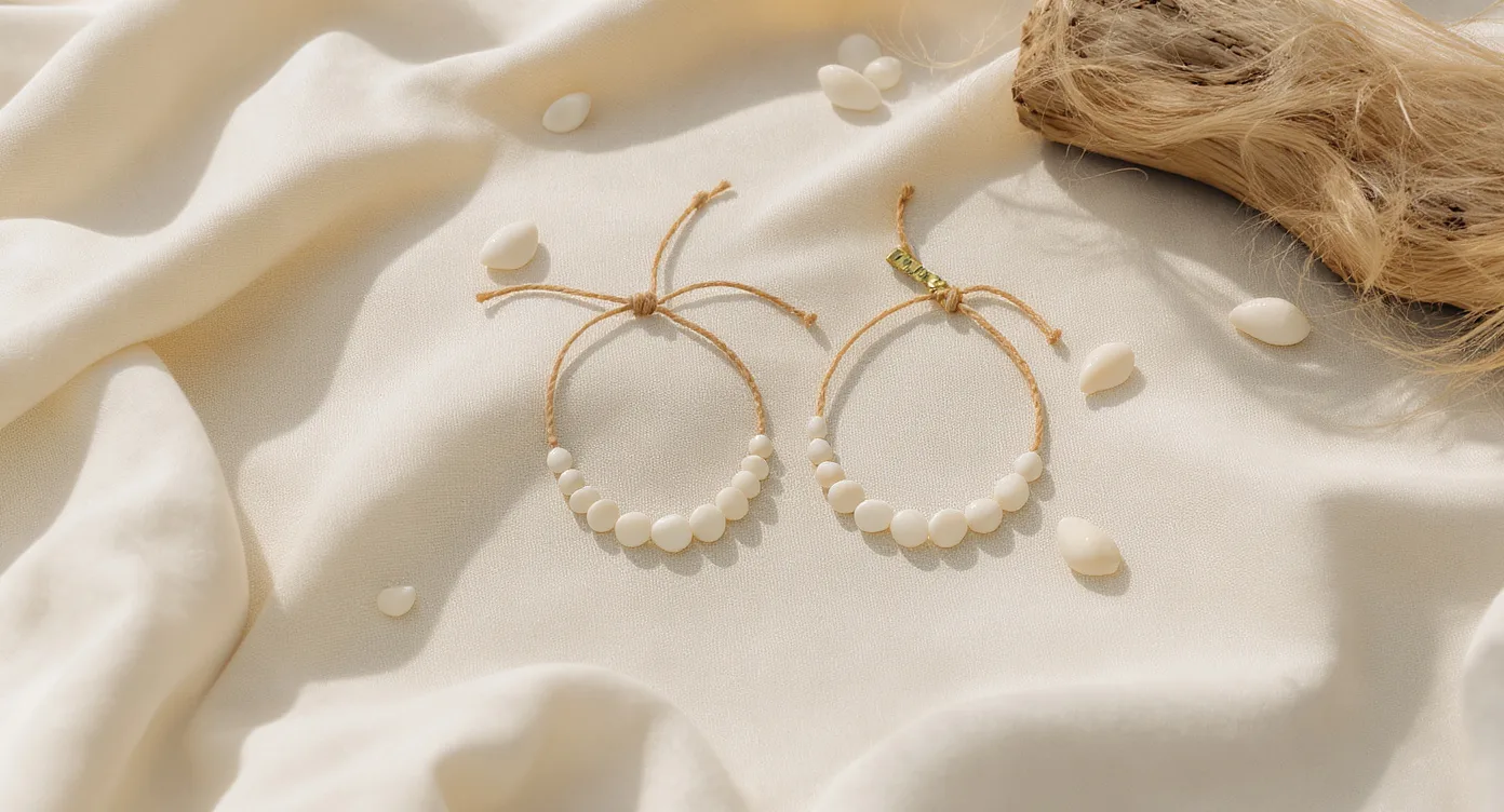 Two puka shell bracelets compared side by side, one with an adjustable rope tie and one with a fixed clasp