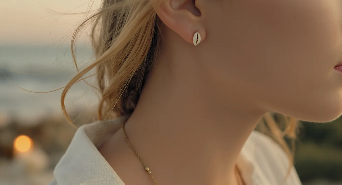 Woman wearing a delicate shell earring layered with a fine necklace in soft evening candlelight