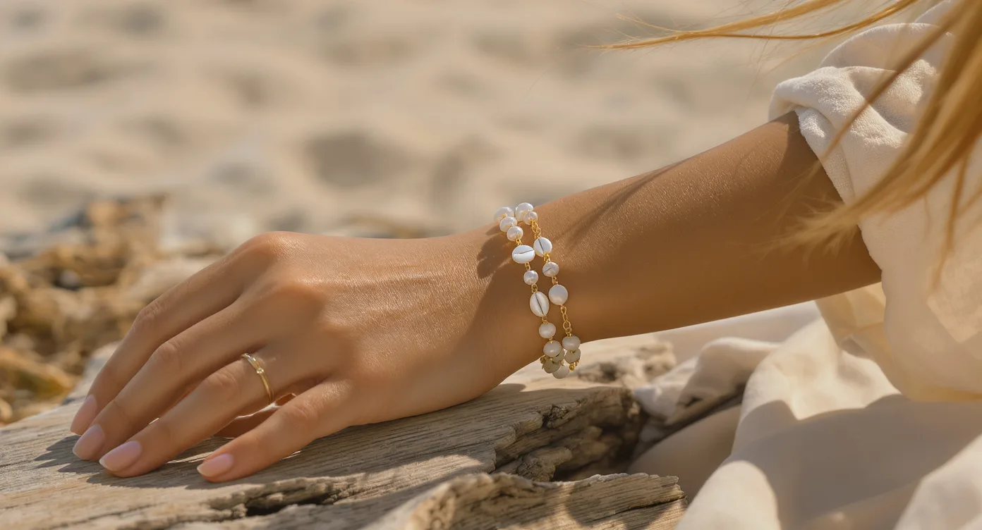 Woman's wrist stacked with layered puka shell, pearl, and gold bracelets on a wooden beach surface