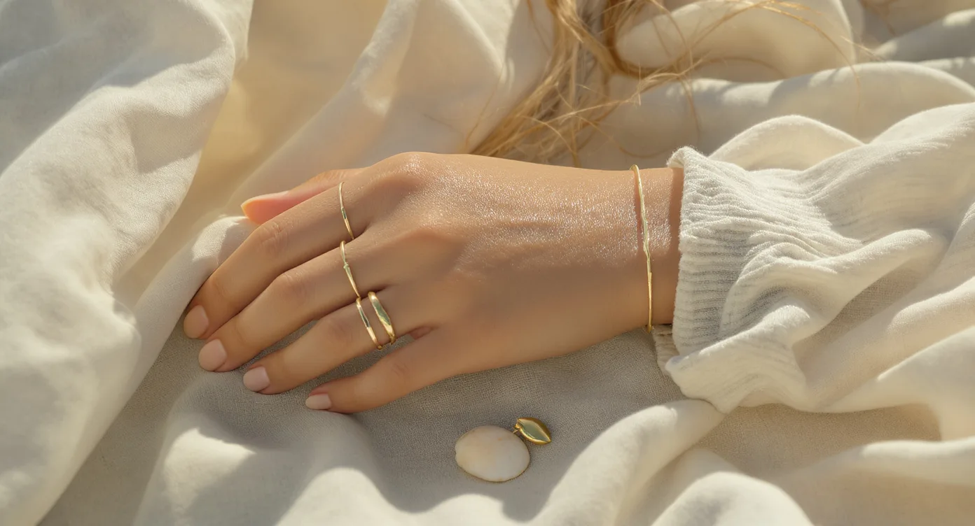 Hand wearing three to four thin gold rings stacked on one finger with layered bracelets, styled beside gold shell earrings