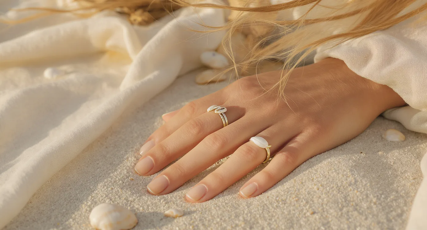 Hand with three to four thin rings stacked together on one finger, including cowrie shell and pearl designs