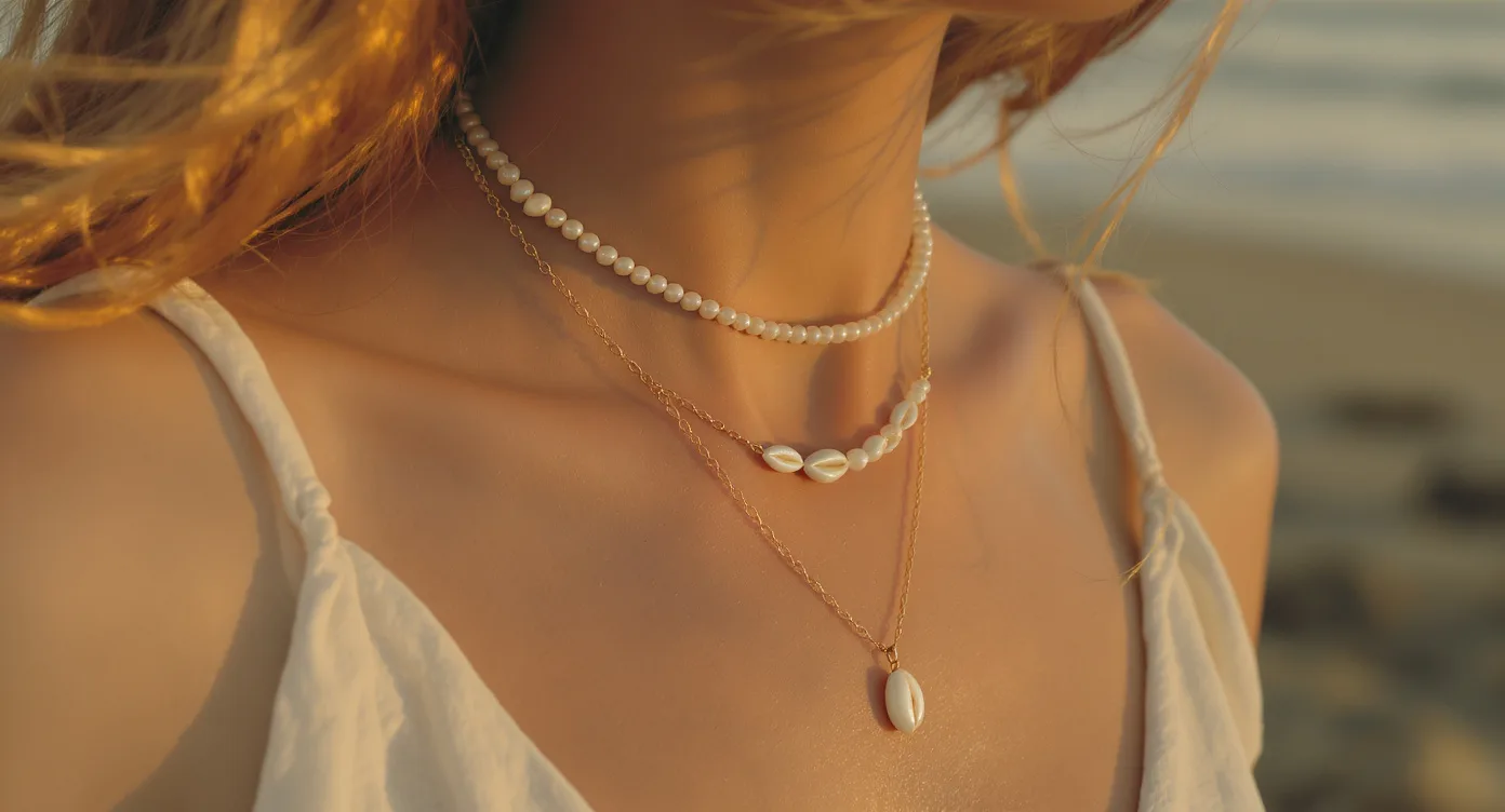 Woman wearing three layered shell and gold necklaces of different lengths at golden hour