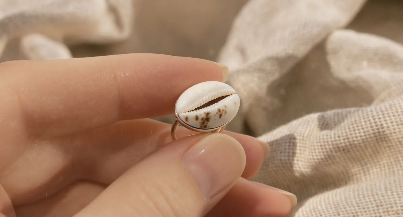 Close-up of a cowrie shell ring showing natural shell texture and bezel setting