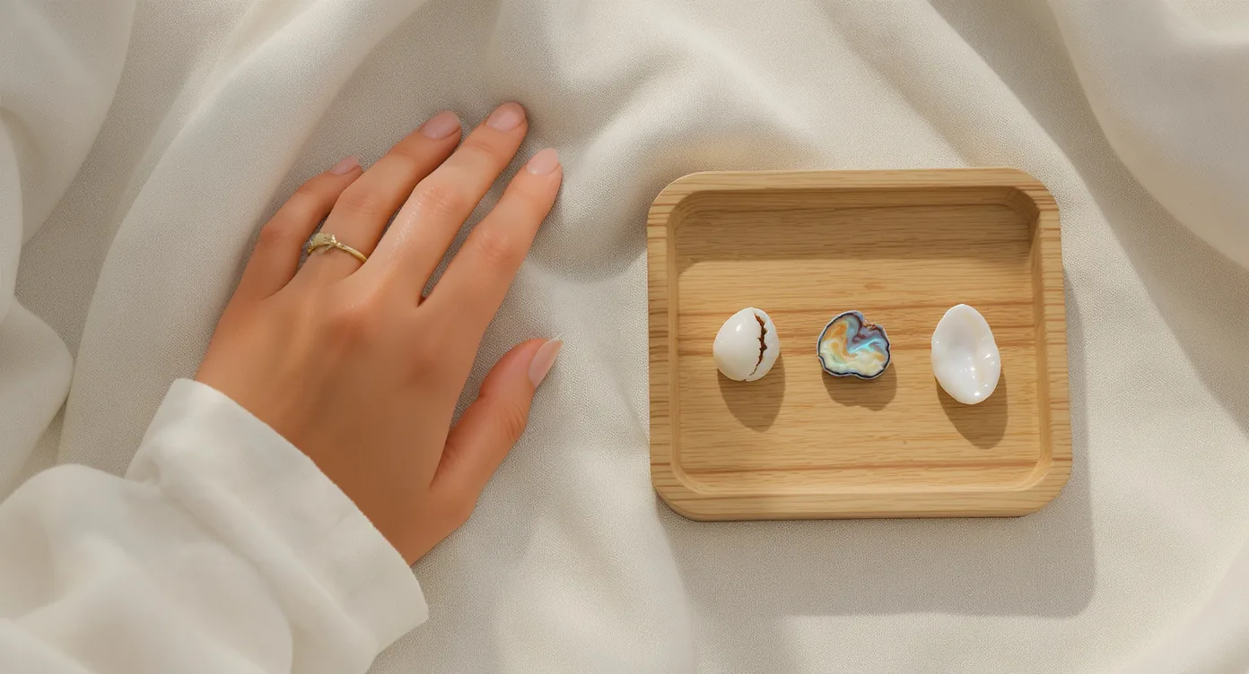 Flat lay comparing cowrie, puka, abalone, and mother-of-pearl shell rings for choosing a favorite style