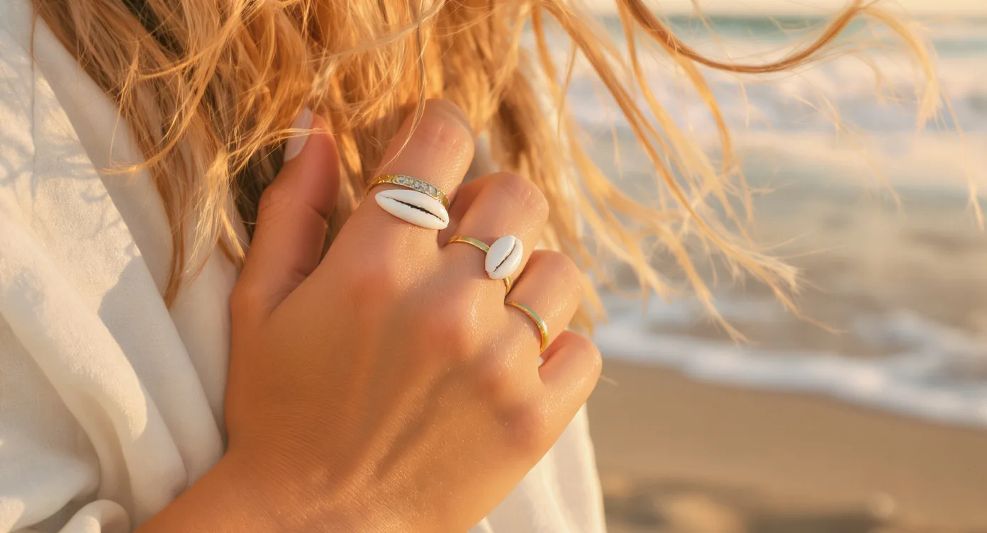 Hand stacked with multiple shell rings and thin bands layered together at golden hour